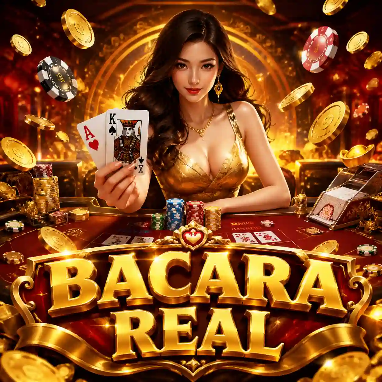 Estúdio de cassino ao vivo com mesa e dealer pronto para distribuir cartas
